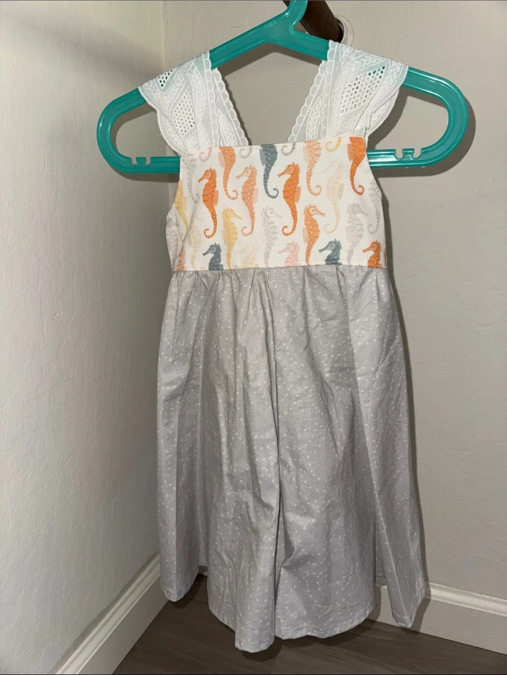 Bitty Bambu (Made in Maui) White and Gray Seahorse Print Sundress